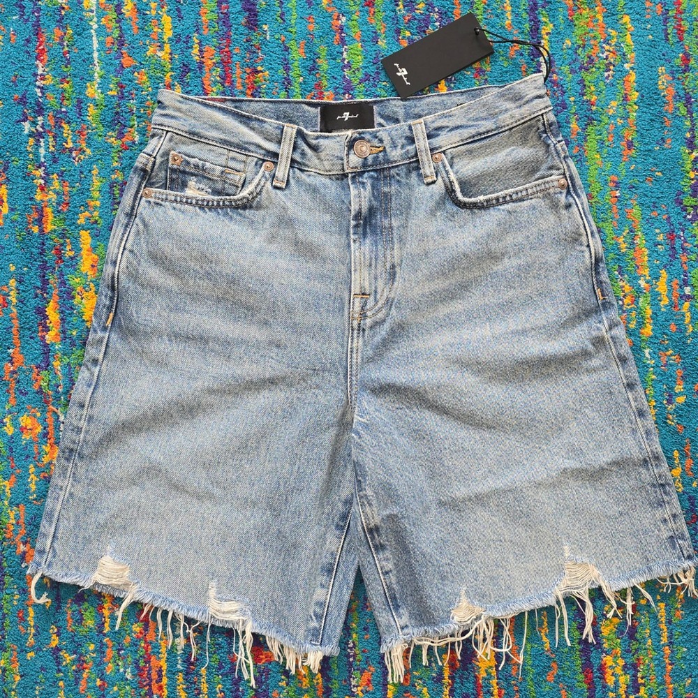 NWT 7 For All Mankind Lola Shorts Wave Light Blue Distressed Denim Women 24